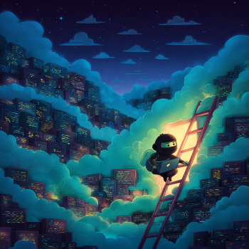 A small, dark, masked figure wearing goggles climbs a red ladder leading into a glowing opening within a cloud, while a city skyline covered in clouds and lights stretches into the distance under a night sky.